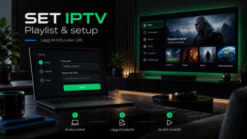 SET IPTV playlist setup med M3U URL och MAC-adress på TV och dator